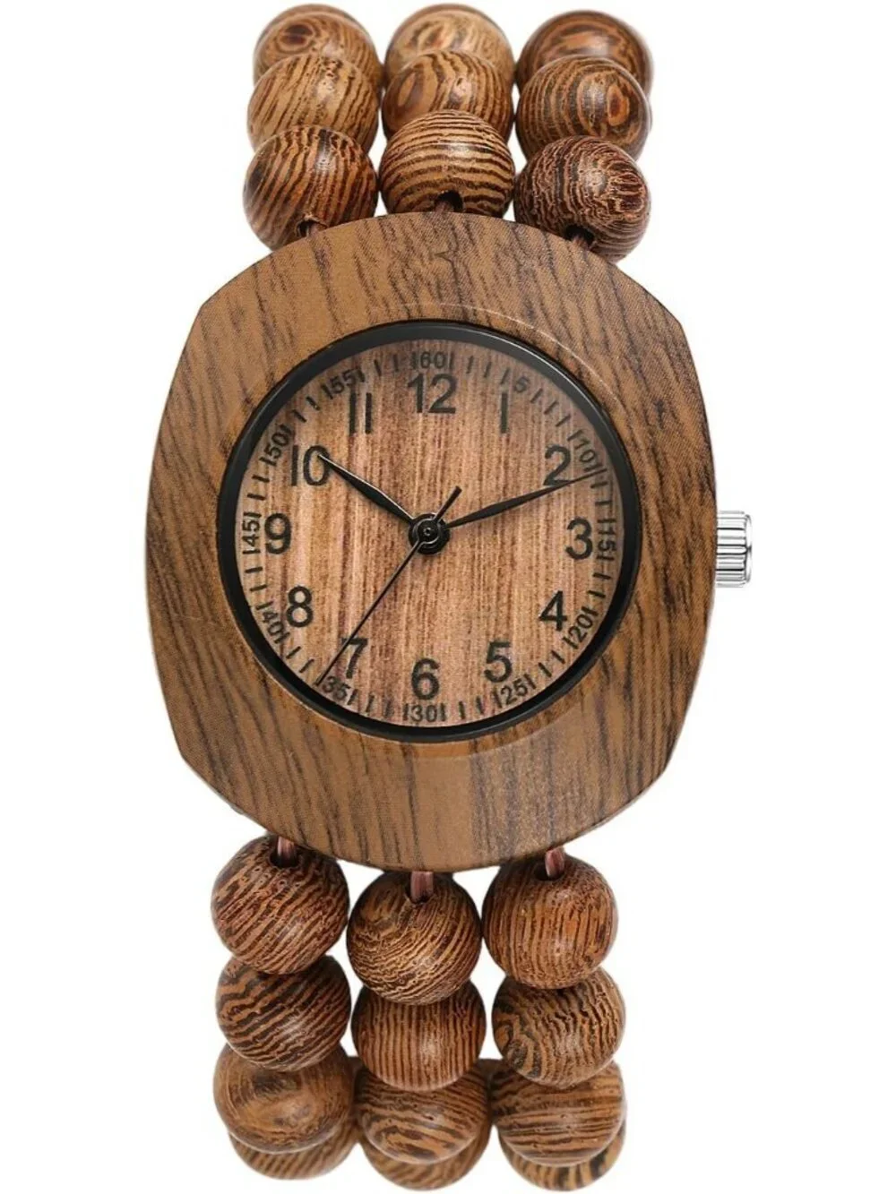 Women's Brown Analog Quartz Buddhist Beaded Bracelet Elastic Wrist Wooden Watch